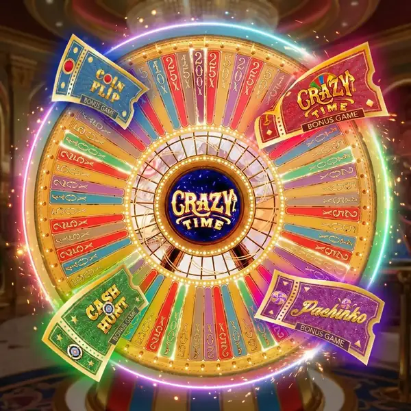 Crazy Time wheel during a live session — 54 segments visible