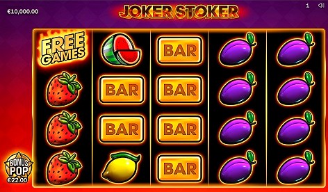 Joker Stoker slot session — reels showing BAR symbols and Joker Wild during gameplay